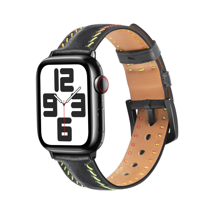 For Apple Watch Series 8 41mm Colorful Sewing Thread Leather Watch Band(Black) - Watch Bands by PMC TechLife | Online Shopping South Africa | PMC TechLife
