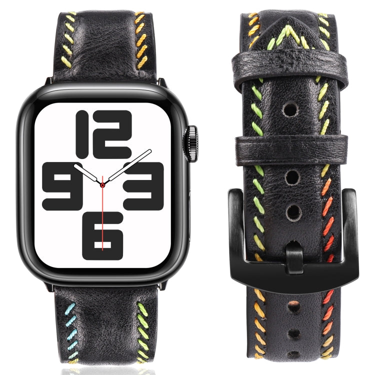 For Apple Watch Series 8 41mm Colorful Sewing Thread Leather Watch Band(Black) - Watch Bands by PMC TechLife | Online Shopping South Africa | PMC TechLife