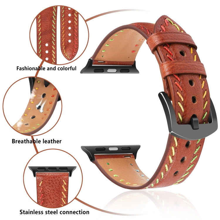 For Apple Watch Series 8 41mm Colorful Sewing Thread Leather Watch Band(Brown) - Watch Bands by PMC TechLife | Online Shopping South Africa | PMC TechLife