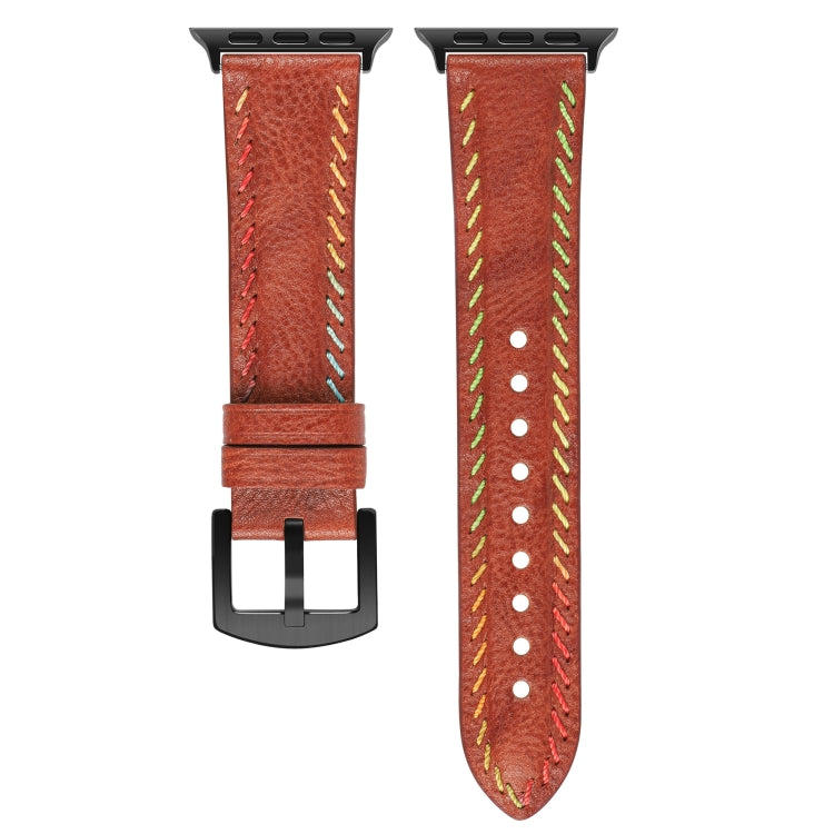 For Apple Watch Series 8 41mm Colorful Sewing Thread Leather Watch Band(Brown) - Watch Bands by PMC TechLife | Online Shopping South Africa | PMC TechLife
