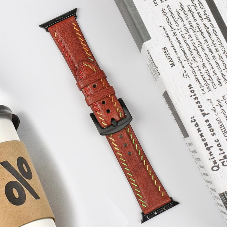 For Apple Watch Series 8 41mm Colorful Sewing Thread Leather Watch Band(Brown) - Watch Bands by PMC TechLife | Online Shopping South Africa | PMC TechLife