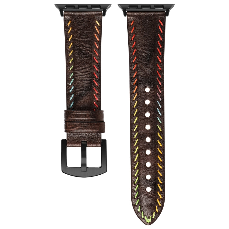 For Apple Watch Series 8 45mm Colorful Sewing Thread Leather Watch Band(Dark Brown) - Watch Bands by PMC TechLife | Online Shopping South Africa | PMC TechLife