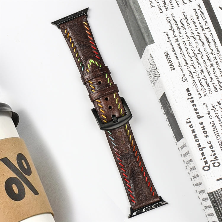 For Apple Watch Series 8 45mm Colorful Sewing Thread Leather Watch Band(Dark Brown) - Watch Bands by PMC TechLife | Online Shopping South Africa | PMC TechLife