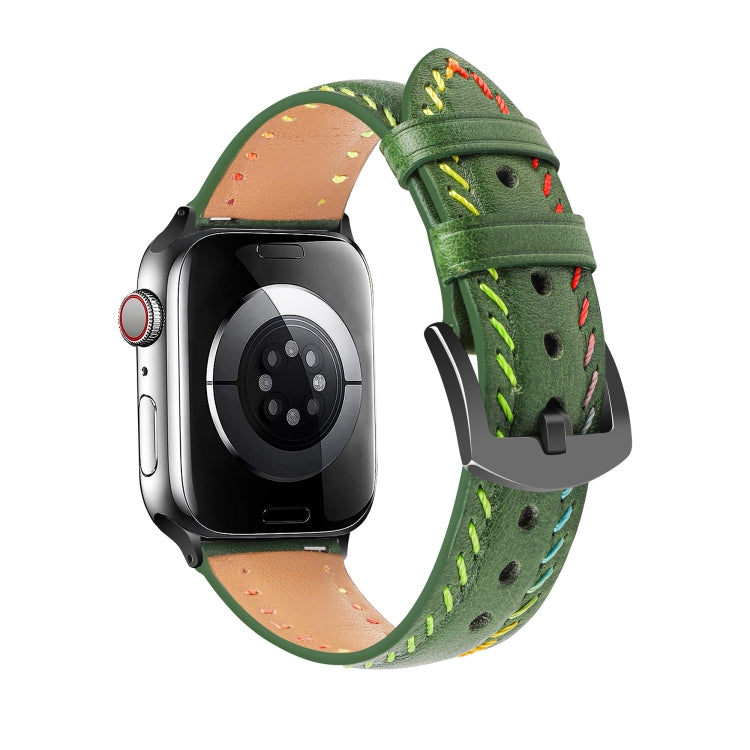 For Apple Watch Series 8 45mm Colorful Sewing Thread Leather Watch Band(Green) - Watch Bands by PMC TechLife | Online Shopping South Africa | PMC TechLife