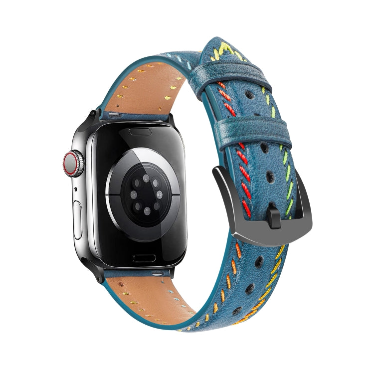 For Apple Watch SE 2022 44mm Colorful Sewing Thread Leather Watch Band(Blue) - Watch Bands by PMC TechLife | Online Shopping South Africa | PMC TechLife