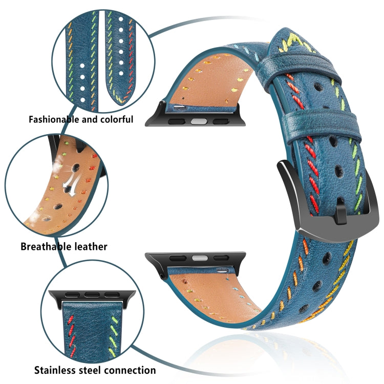 For Apple Watch SE 2022 44mm Colorful Sewing Thread Leather Watch Band(Blue) - Watch Bands by PMC TechLife | Online Shopping South Africa | PMC TechLife