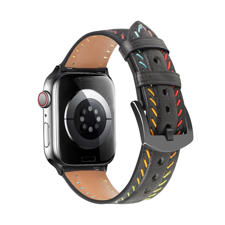 For Apple Watch Series 6 44mm Colorful Sewing Thread Leather Watch Band(Black) - Watch Bands by PMC TechLife | Online Shopping South Africa | PMC TechLife
