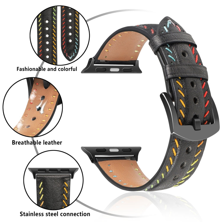 For  Apple Watch Series 5 40mm Colorful Sewing Thread Leather Watch Band(Black) - Watch Bands by PMC TechLife | Online Shopping South Africa | PMC TechLife