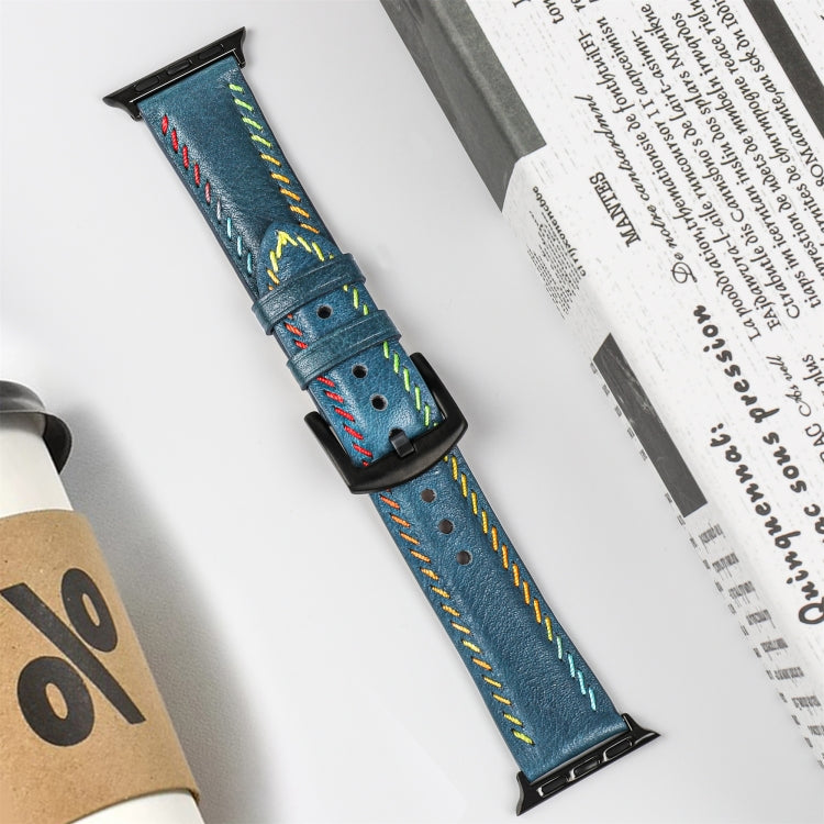 For Apple Watch Series 3 38mm Colorful Sewing Thread Leather Watch Band(Blue) - Watch Bands by PMC TechLife | Online Shopping South Africa | PMC TechLife