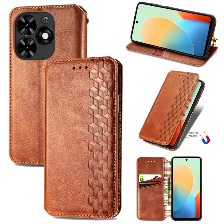 For Tecno Spark Go 2024 Cubic Grid Pressed Magnetic Leather Phone Case(Brown) - Tecno Cases by PMC Jewellery | Online Shopping South Africa | PMC Jewellery | Buy Now Pay Later Mobicred