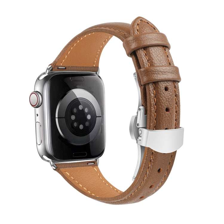 For Apple Watch Series 9 45mm Plain Leather Butterfly Buckle Watch Band(Dark Brown+Silver) - free shipping - PMC TechLife - Order now!