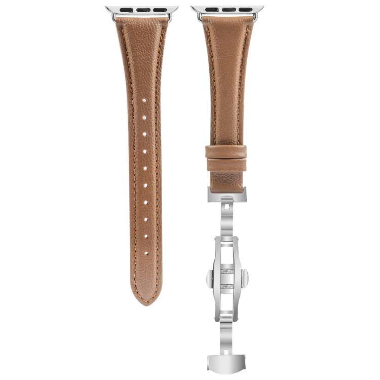 For Apple Watch Series 9 45mm Plain Leather Butterfly Buckle Watch Band(Dark Brown+Silver) - free shipping - PMC TechLife - Order now!
