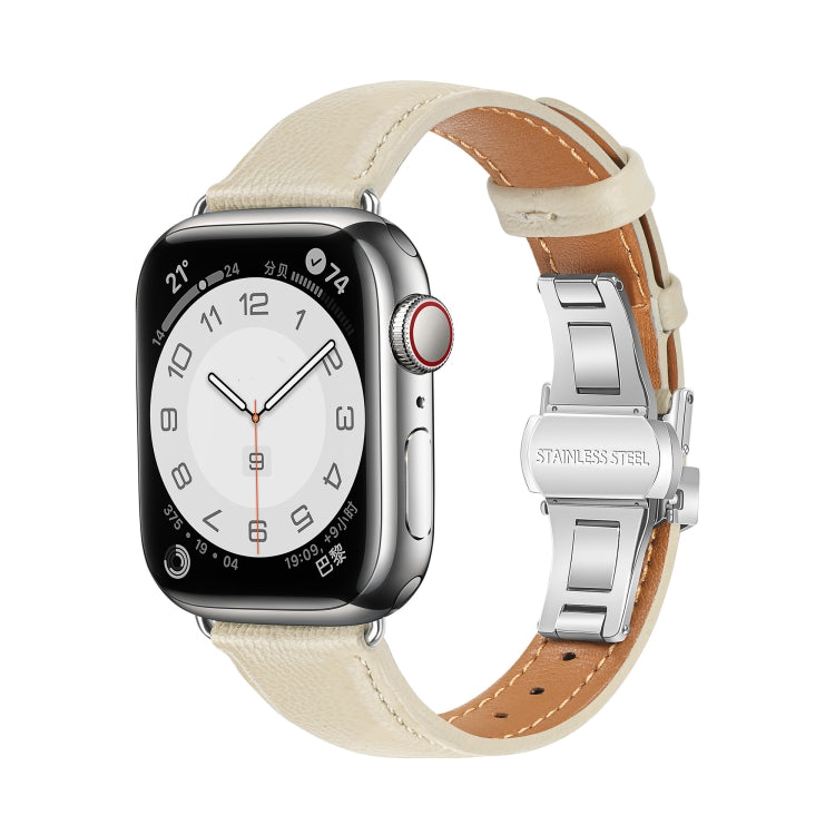 For Apple Watch Series 9 45mm Plain Leather Butterfly Buckle Watch Band(Beige+Silver) - free shipping - PMC TechLife - Order now!