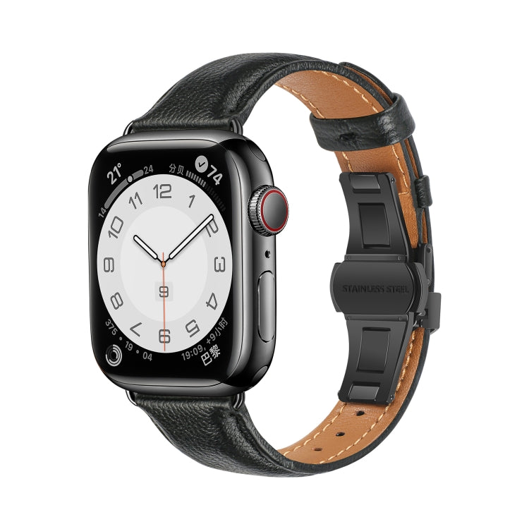 For Apple Watch Series 9 45mm Plain Leather Butterfly Buckle Watch Band(Black+Black) - Watch Bands by PMC TechLife | Online Shopping South Africa | PMC TechLife | Buy Now Pay Later Mobicred
