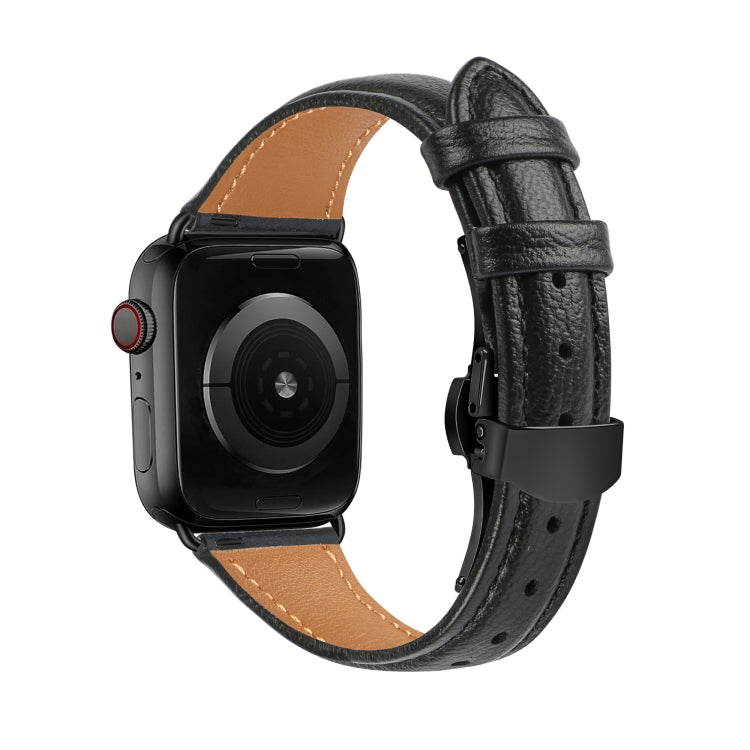 For Apple Watch Series 9 45mm Plain Leather Butterfly Buckle Watch Band(Black+Black) - Watch Bands by PMC TechLife | Online Shopping South Africa | PMC TechLife | Buy Now Pay Later Mobicred
