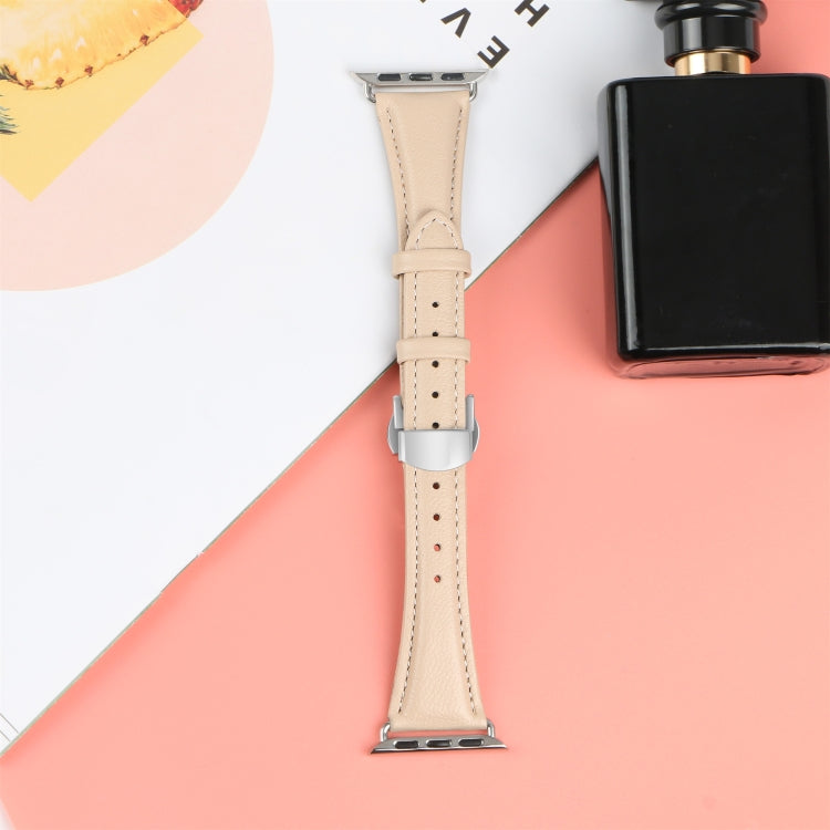For Apple Watch Series 9 41mm Plain Leather Butterfly Buckle Watch Band(Apricot+Silver) - free shipping - PMC TechLife - Order now!