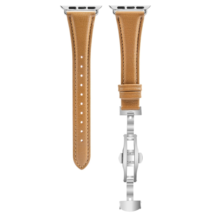 For Apple Watch Series 9 41mm Plain Leather Butterfly Buckle Watch Band(Brown+Silver) - free shipping - PMC TechLife - Order now!