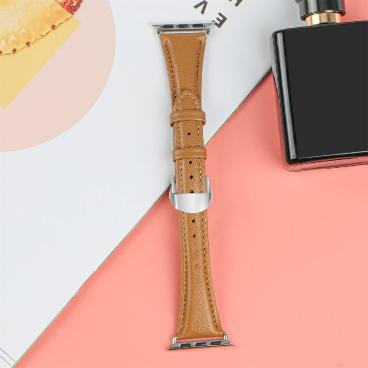 For Apple Watch Series 9 41mm Plain Leather Butterfly Buckle Watch Band(Brown+Silver) - free shipping - PMC TechLife - Order now!