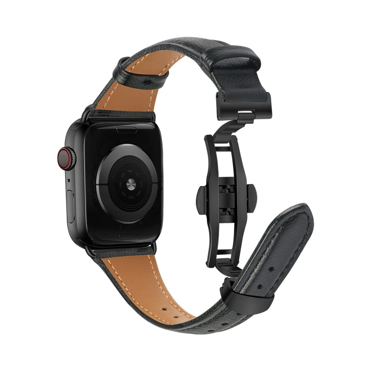 For Apple Watch Series 9 41mm Plain Leather Butterfly Buckle Watch Band(Black+Black) - Watch Bands by PMC TechLife | Online Shopping South Africa | PMC TechLife | Buy Now Pay Later Mobicred
