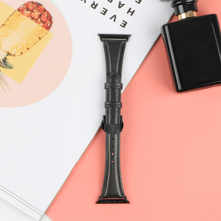 For Apple Watch Series 8 41mm Plain Leather Butterfly Buckle Watch Band(Black+Black) - Watch Bands by PMC TechLife | Online Shopping South Africa | PMC TechLife | Buy Now Pay Later Mobicred
