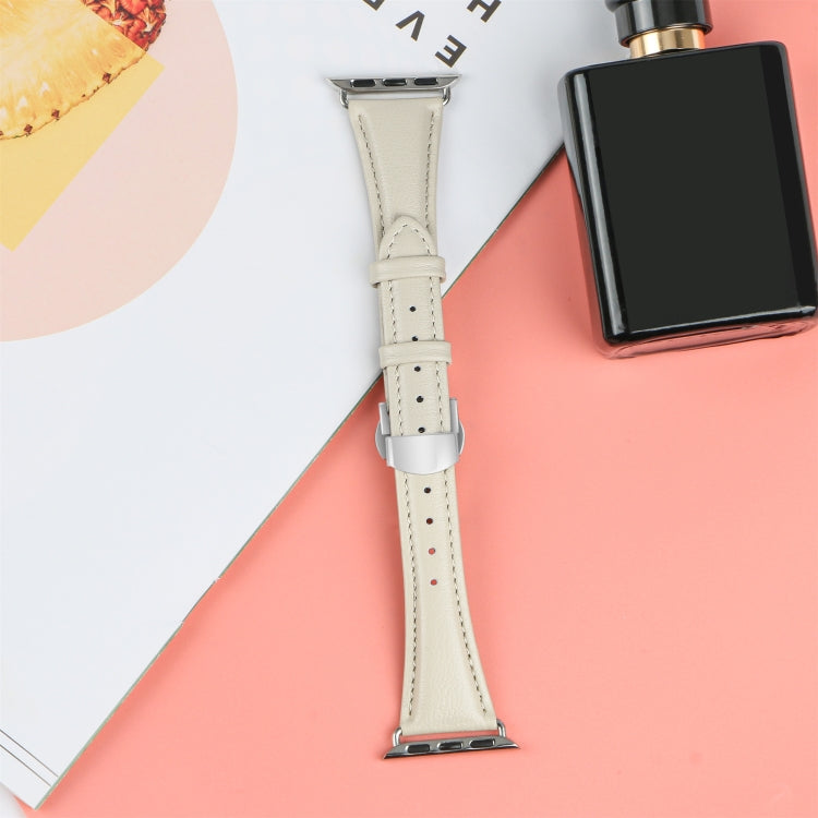 For Apple Watch Series 8 45mm Plain Leather Butterfly Buckle Watch Band(Beige+Silver) - free shipping - PMC TechLife - Order now!