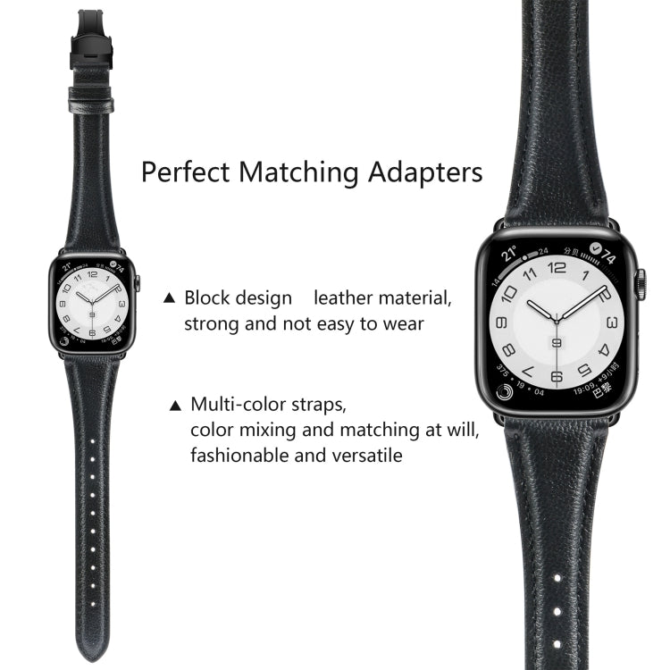For Apple Watch Series 7 45mm Plain Leather Butterfly Buckle Watch Band(Black+Black) - Watch Bands by PMC TechLife | Online Shopping South Africa | PMC TechLife | Buy Now Pay Later Mobicred