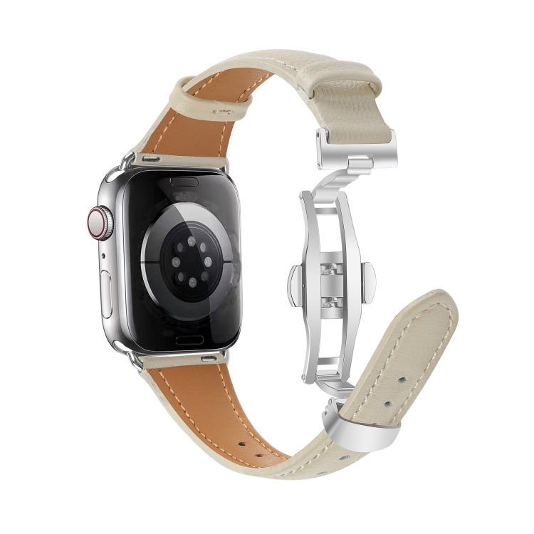 For Apple Watch Series 6 44mm Plain Leather Butterfly Buckle Watch Band(Beige+Silver) - free shipping - PMC TechLife - Order now!