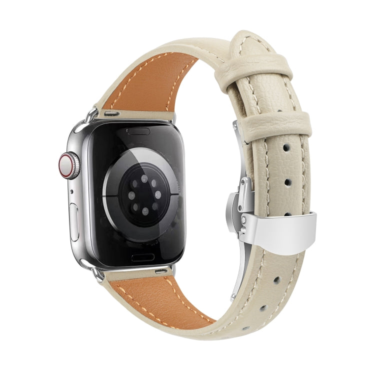 For Apple Watch Series 5 44mm Plain Leather Butterfly Buckle Watch Band(Beige+Silver) - free shipping - PMC TechLife - Order now!