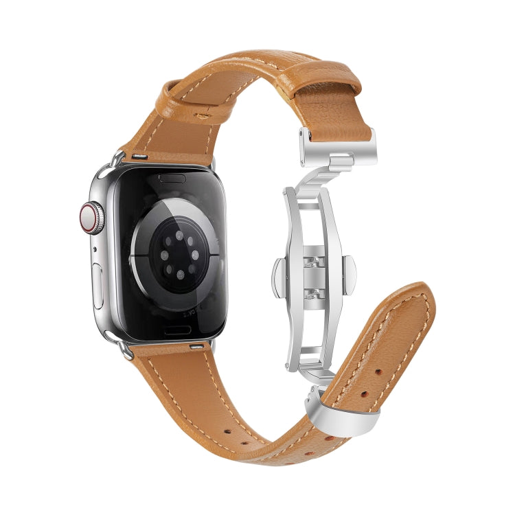 For Apple Watch Series 5 40mm Plain Leather Butterfly Buckle Watch Band(Brown+Silver) - free shipping - PMC TechLife - Order now!