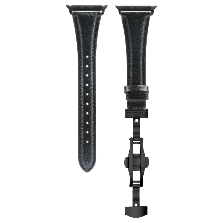 For Apple Watch Series 5 40mm Plain Leather Butterfly Buckle Watch Band(Black+Black) - Watch Bands by PMC TechLife | Online Shopping South Africa | PMC TechLife | Buy Now Pay Later Mobicred