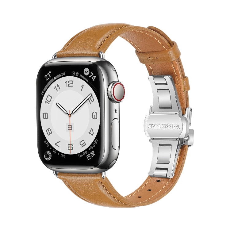 For Apple Watch Series 4 44mm Plain Leather Butterfly Buckle Watch Band(Brown+Silver) - free shipping - PMC TechLife - Order now!