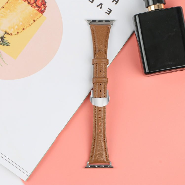 For Apple Watch Series 4 40mm Plain Leather Butterfly Buckle Watch Band(Dark Brown+Silver) - free shipping - PMC TechLife - Order now!