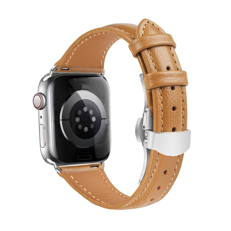 For Apple Watch Series 4 40mm Plain Leather Butterfly Buckle Watch Band(Brown+Silver) - free shipping - PMC TechLife - Order now!