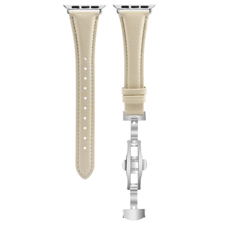 For Apple Watch Series 3 38mm Plain Leather Butterfly Buckle Watch Band(Beige+Silver) - free shipping - PMC TechLife - Order now!