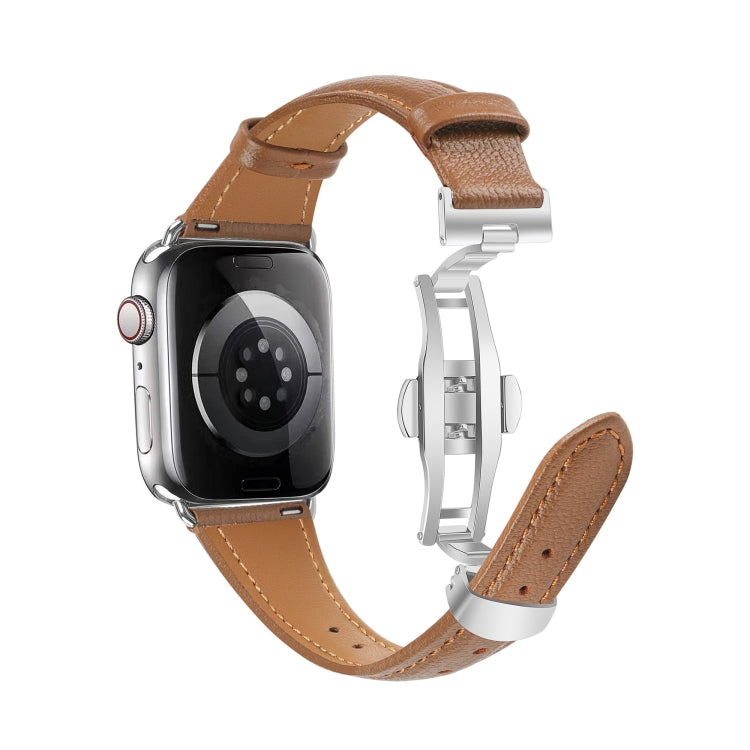 For Apple Watch Series 3 42mm Plain Leather Butterfly Buckle Watch Band(Dark Brown+Silver) - free shipping - PMC TechLife - Order now!