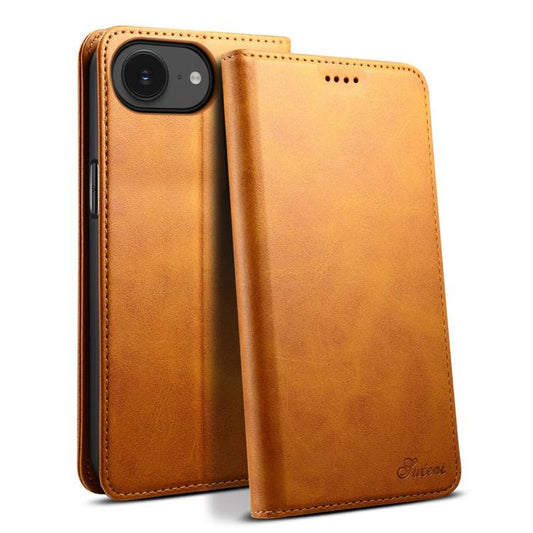 For iPhone 16e Suteni Calf Texture Horizontal Flip Leather Phone Case(Khaki) - iPhone 16e Cases by Suteni | Online Shopping South Africa | PMC Jewellery | Buy Now Pay Later Mobicred