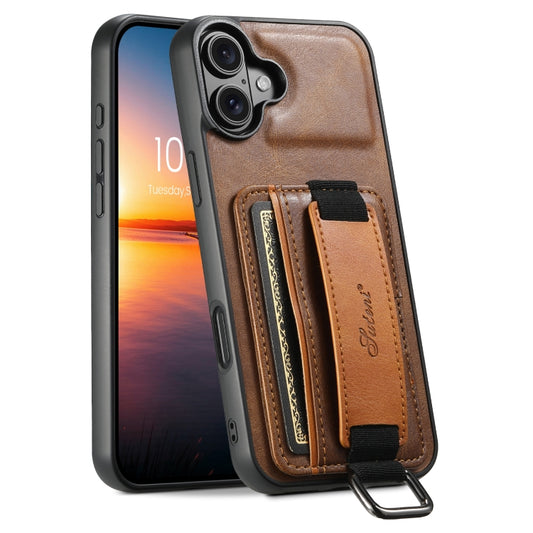 For iPhone 16 Plus Suteni H13 Card Wallet Wrist Strap Holder PU Phone Case(Brown) - iPhone 16 Plus Cases by Suteni | Online Shopping South Africa | PMC Jewellery | Buy Now Pay Later Mobicred