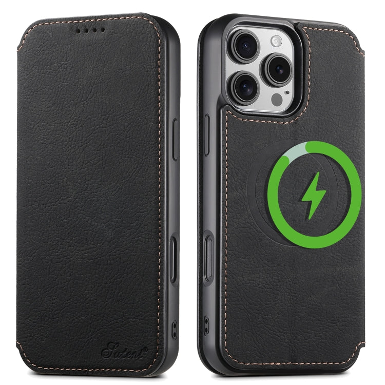 For iPhone 16 Pro Max Suteni J06 Retro Matte Litchi Texture Leather MagSafe Phone Case(Black) - iPhone 16 Pro Max Cases by Suteni | Online Shopping South Africa | PMC Jewellery | Buy Now Pay Later Mobicred