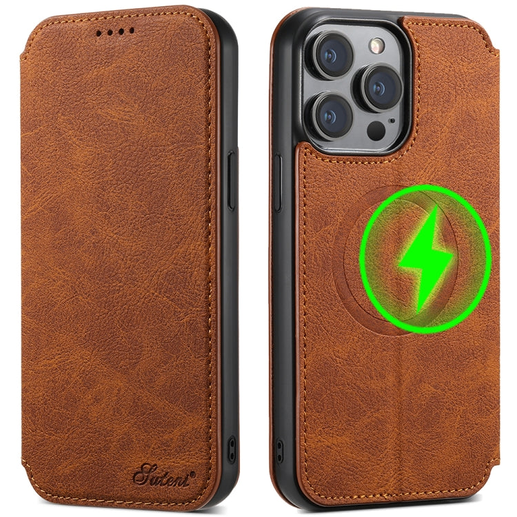 For iPhone 15 Plus Suteni J06 Retro Matte Litchi Texture Leather MagSafe Phone Case(Khaki) - iPhone 15 Plus Cases by Suteni | Online Shopping South Africa | PMC Jewellery | Buy Now Pay Later Mobicred