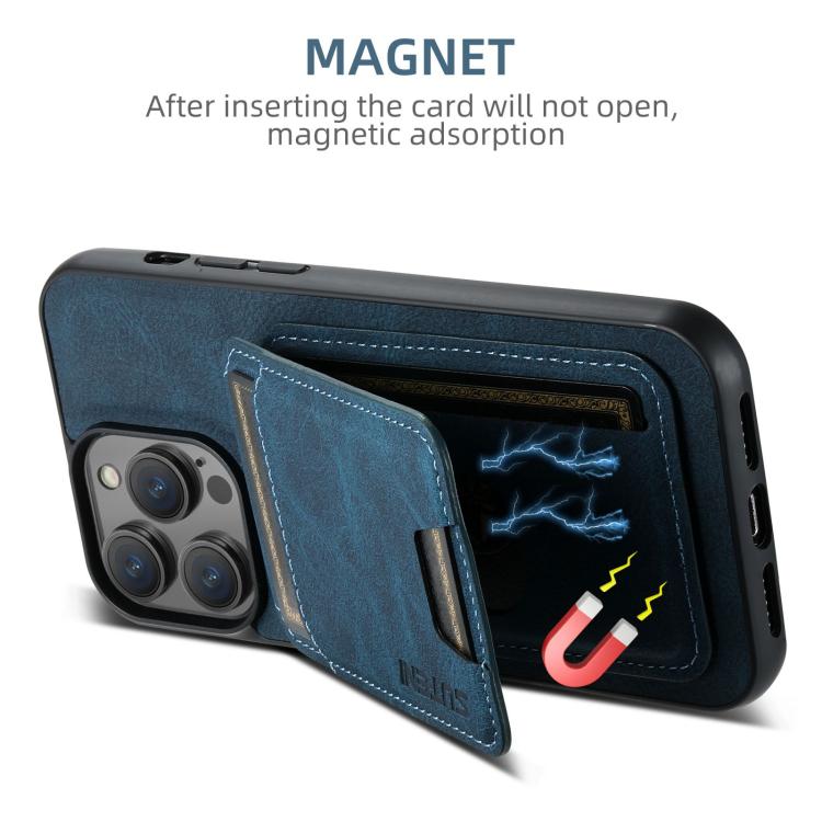 For iPhone 16e Suteni H02 Litchi Leather Card Wallet Stand Back Phone Case(Blue) - iPhone 16e Cases by Suteni | Online Shopping South Africa | PMC TechLife | Buy Now Pay Later Mobicred