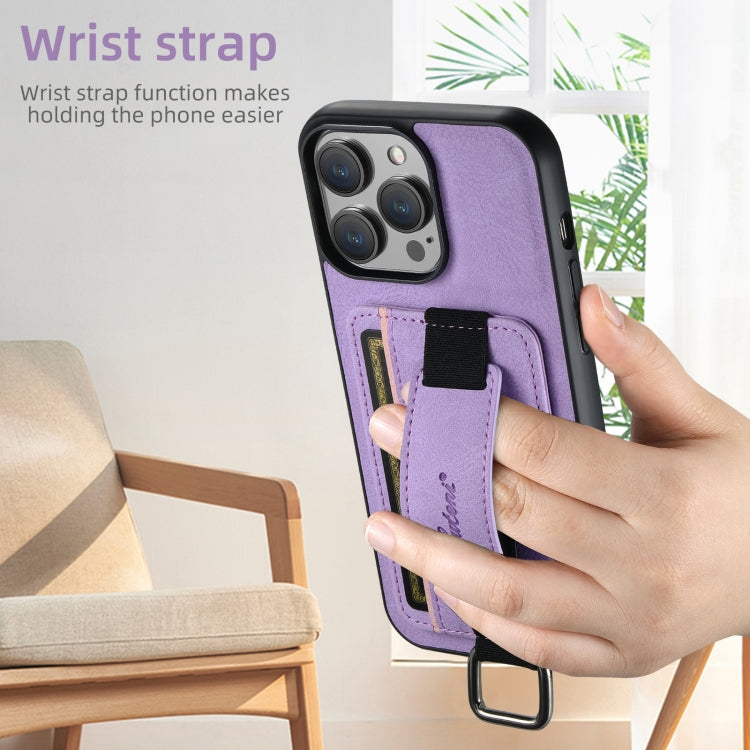 For iPhone 16 Pro Max Suteni H13 Litchi Leather Wrist Strap Wallet Back Phone Case(Purple) - iPhone 16 Pro Max Cases by Suteni | Online Shopping South Africa | PMC Jewellery | Buy Now Pay Later Mobicred