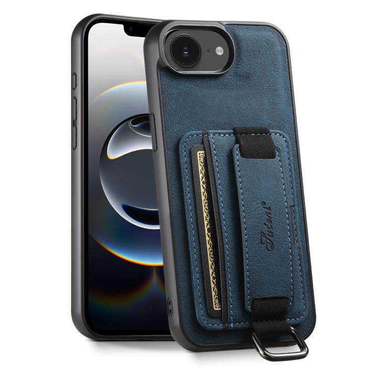 For iPhone 16e Suteni H13 Litchi Leather Wrist Strap Wallet Back Phone Case(Blue) - iPhone 16e Cases by Suteni | Online Shopping South Africa | PMC TechLife | Buy Now Pay Later Mobicred