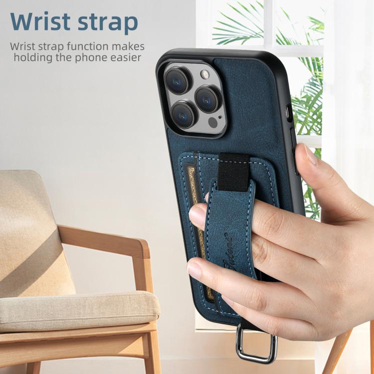 For iPhone 16e Suteni H13 Litchi Leather Wrist Strap Wallet Back Phone Case(Blue) - iPhone 16e Cases by Suteni | Online Shopping South Africa | PMC TechLife | Buy Now Pay Later Mobicred