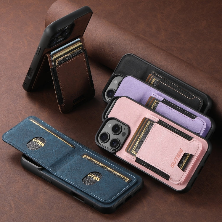 For iPhone 16e Suteni H03 Litchi Leather Card Bag Stand Back Phone Case(Brown) - free shipping - PMC TechLife - Order now!
