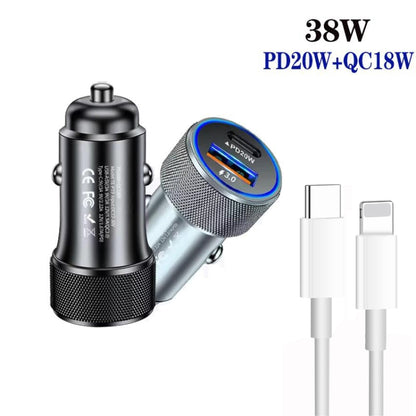 P19 Metal PD20W USB-C + QC18W USB Car Charger with Type-C to 8 Pin Date Cable(Silver Gray) - Car Charger by PMC Jewellery | Online Shopping South Africa | PMC Jewellery | Buy Now Pay Later Mobicred