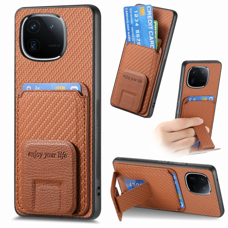 For vivo iQOO 12 Pro Carbon Fiber Card Bag Fold Stand Phone Case(Brown) - iQOO 12 Pro Cases by PMC Jewellery | Online Shopping South Africa | PMC Jewellery