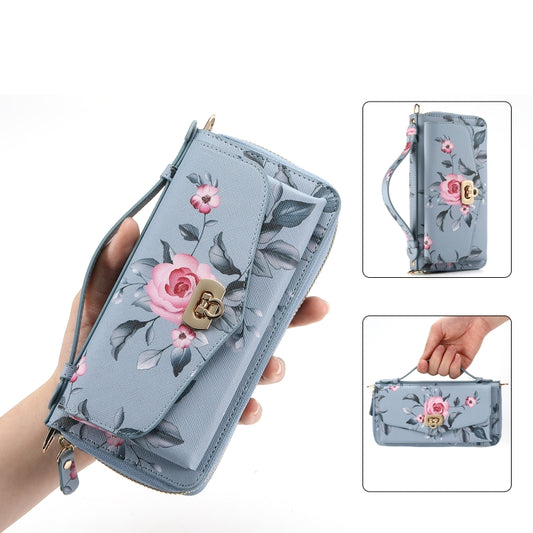 For Samsung Galaxy S24+ 5G Flower Multi-functional Crossbody Zipper Wallet Leather Phone Case(Blue) - Galaxy S24+ 5G Cases by PMC Jewellery | Online Shopping South Africa | PMC Jewellery | Buy Now Pay Later Mobicred