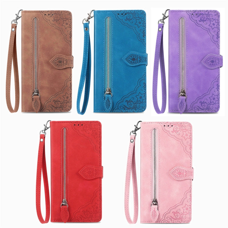 For Blackview A96 Embossed Flower Zipper Leather Phone Case(Pink) - More Brand by PMC TechLife | Online Shopping South Africa | PMC TechLife | Buy Now Pay Later Mobicred