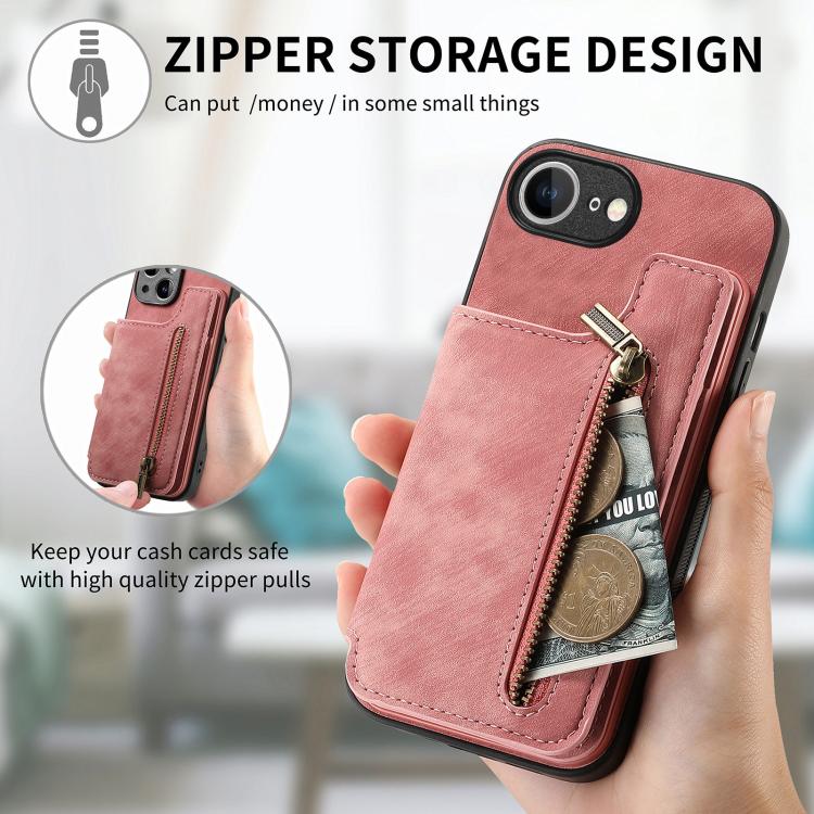 For iPhone 16e Retro Leather Zipper Wallet Back Phone Case(Pink) - iPhone 16e Cases by PMC TechLife | Online Shopping South Africa | PMC TechLife | Buy Now Pay Later Mobicred