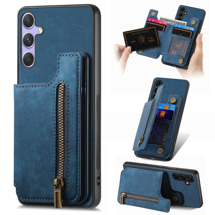 For Samsung Galaxy S25 Ultra 5G Retro Leather Zipper Wallet Back Phone Case(Blue) - free shipping - PMC Jewellery - Order now!